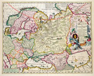 Mapa Azji Mniejszej przedstawiająca Norwegię, Szwecję, Danię, Laponię, Polskę, Turcję, Rosję i region moskiewski, ok. 1626 (ręcznie kolorowane tablice grawerujące)